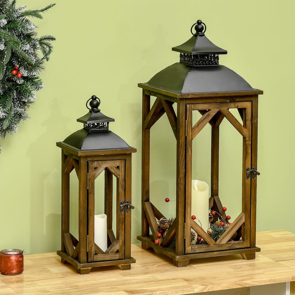 2-Piece Rustic Wooden House Shape Decorative Lantern with Metal Top for Home Decor - 11.75" L x 11.75" W x 30.5" H