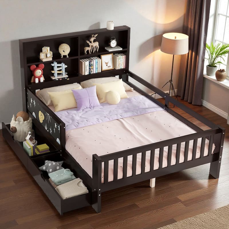 Twin/Full Solid Wood Platform Bed with Chalkboard Headboard, Storage Drawers and Shelves, Space-Saving Kids Bed