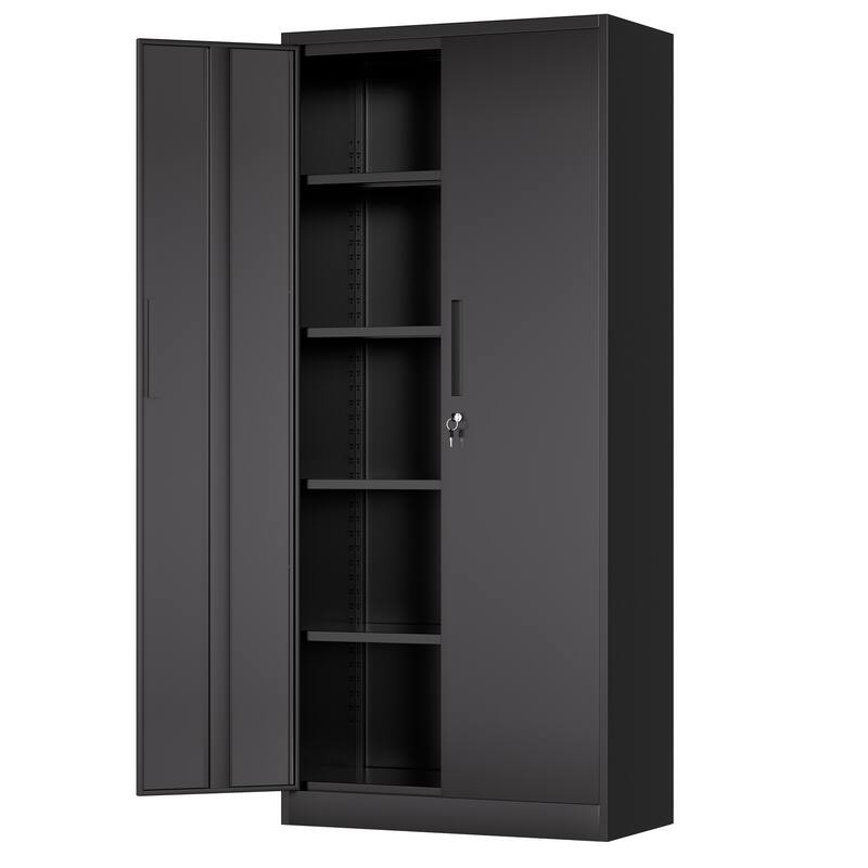 71"H Garage Storage Cabinet, Black Tool Steel Locking Cabinet with Doors and 4 Shelves, Tall Cabinets for Garage Storage Systems