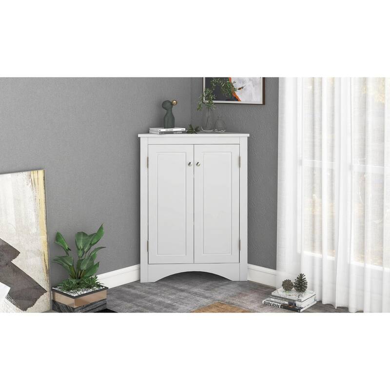 Roomfitters Triangle Corner Bathroom Cabinet, Modern MDF Floor Storage Organizer with Adjustable Shelves & Metal Knobs