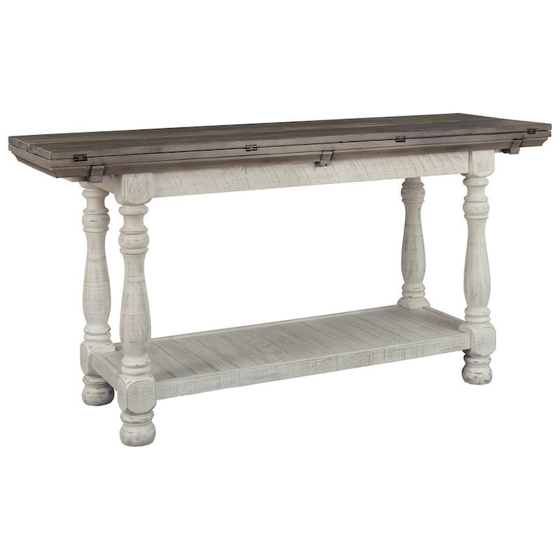 Flip Top Wooden Sofa Table with Open Bottom Shelf, Brown and Antique White