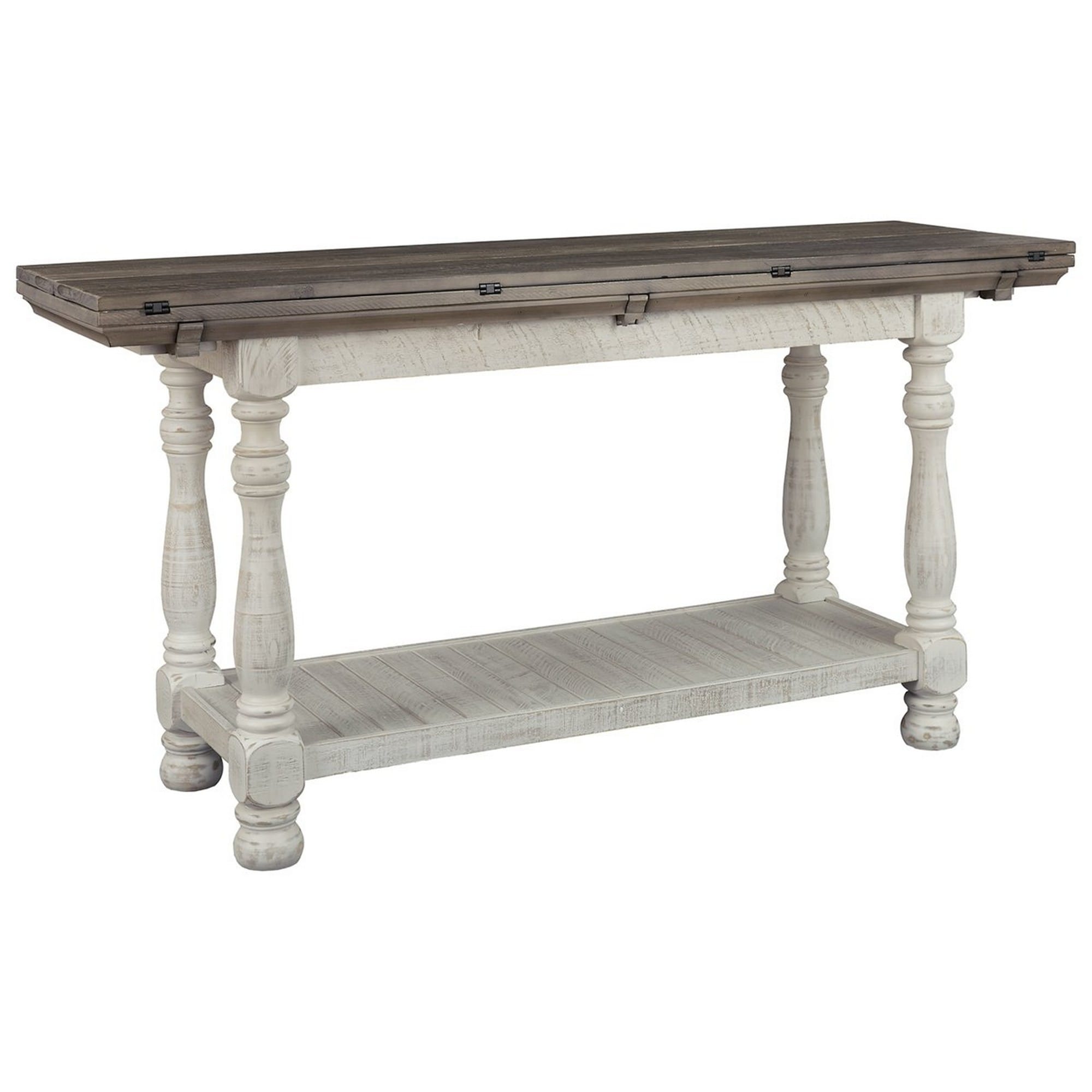 Flip Top Wooden Sofa Table with Open Bottom Shelf, Brown and Antique White