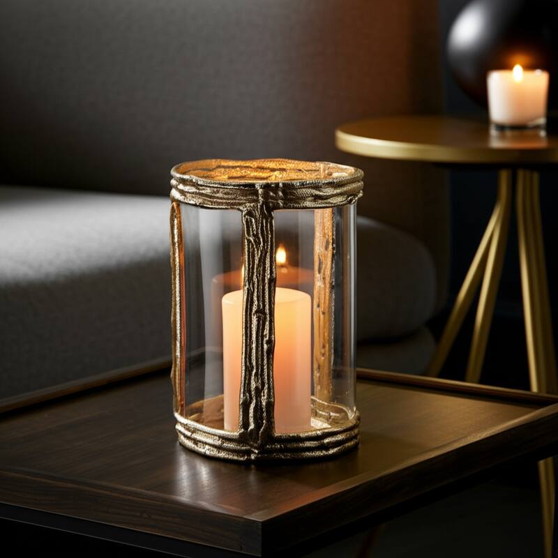 Aluminum Glass Pillar Holder Sculpted Organic Frame Handcrafted Detail