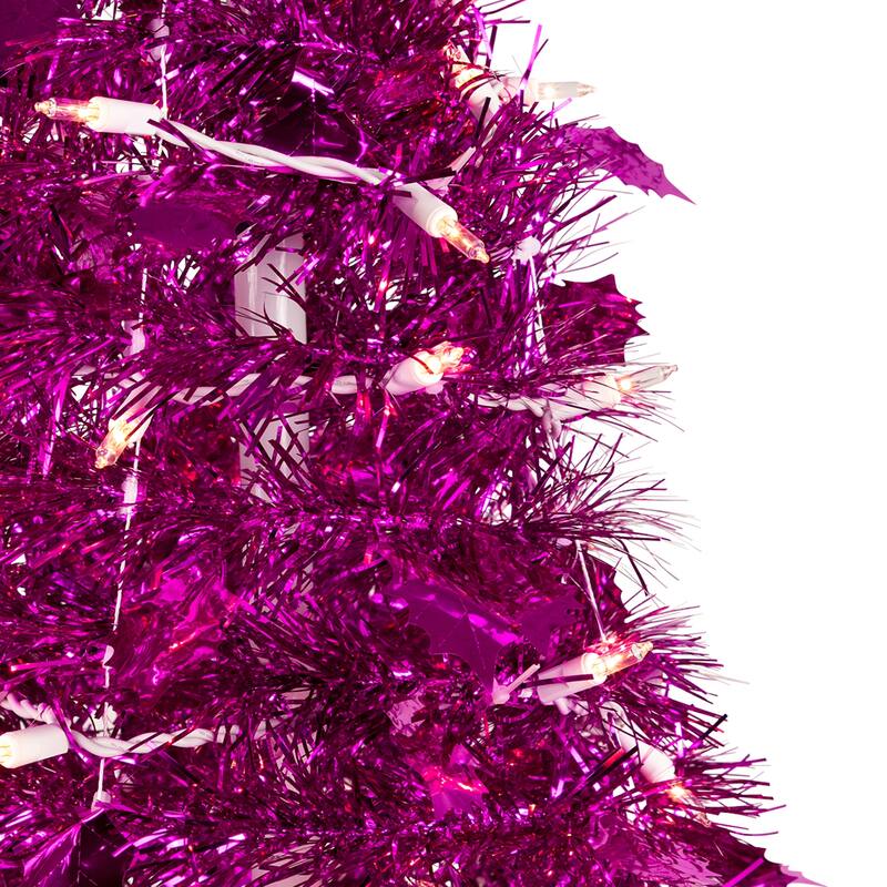6' Pre-Lit Pink Tinsel Pop-Up Artificial Christmas Tree, Clear Lights - 6 Foot