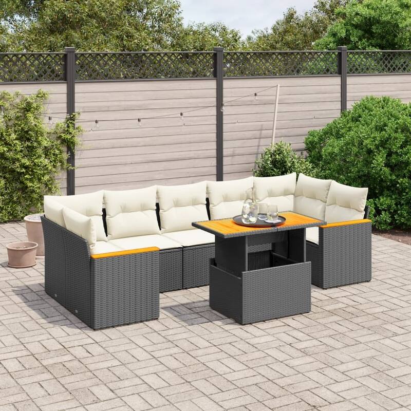 vidaXL Patio Sofa Set with Cushions Lounge Set 7 Piece Poly Rattan Acacia - 21.7 x 39.4 x 28.7 - Black