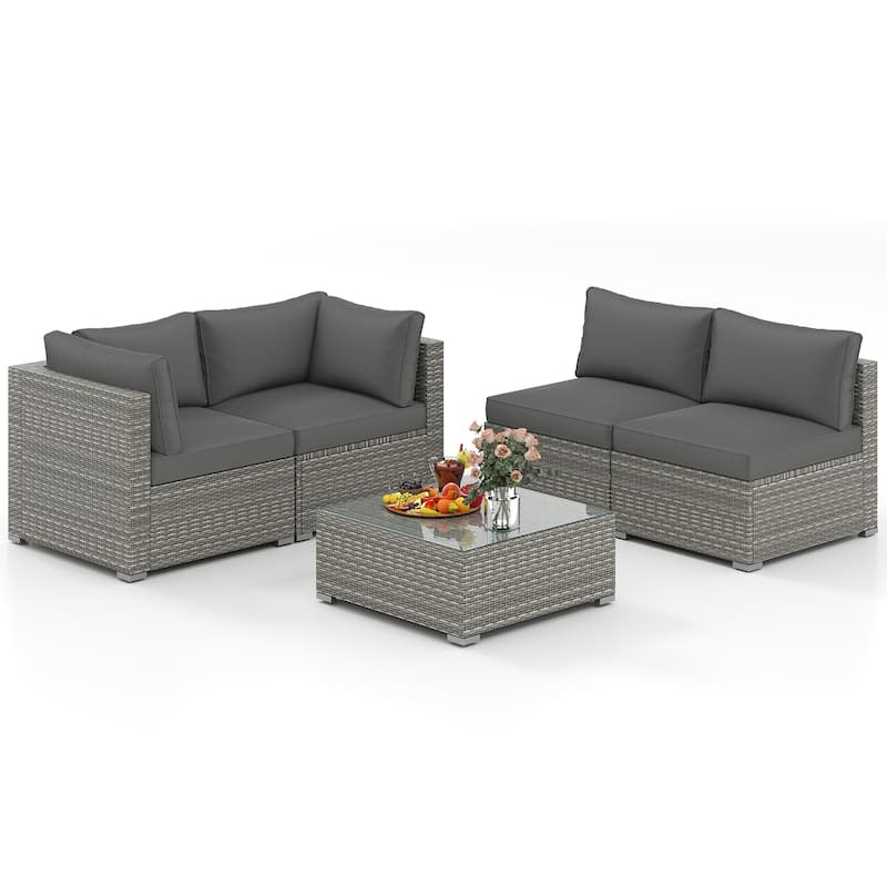 Gymax 5PCS Patio Sectional Sofa Couch PE Rattan Conversation Set - Grey