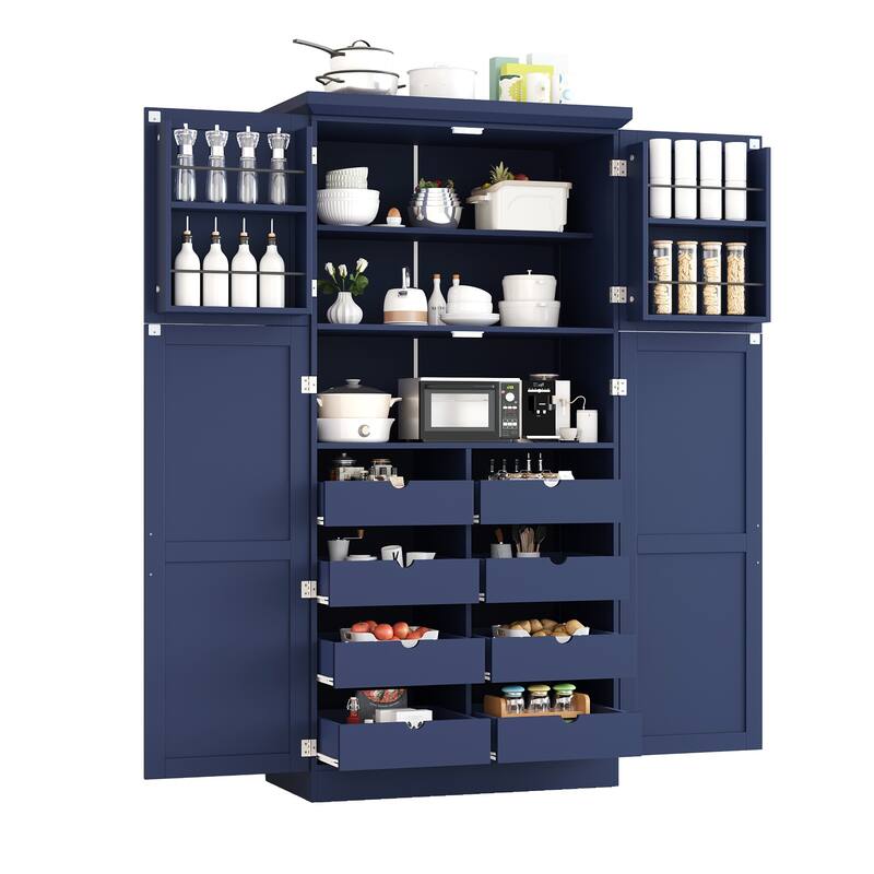 Roomfitters 71 Inch Freestanding Kitchen Pantry with 8 Pull-Out Trays and Door Shelves, Shaker Cabinet