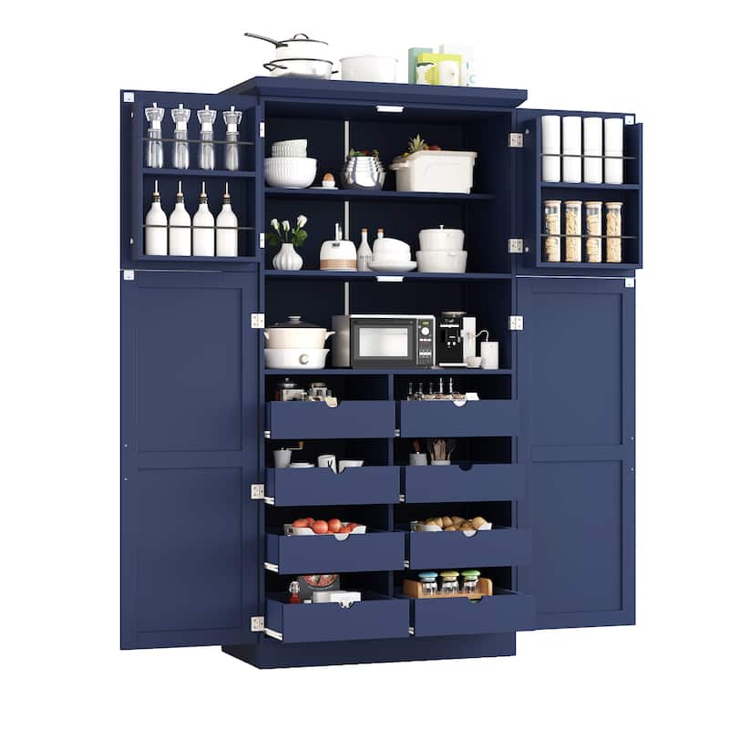 Tall Kitchen Pantry Cabinet with Pull-Out Trays - 35.5" 4-Door Storage Unit, Adjustable Shelves for Dining Room