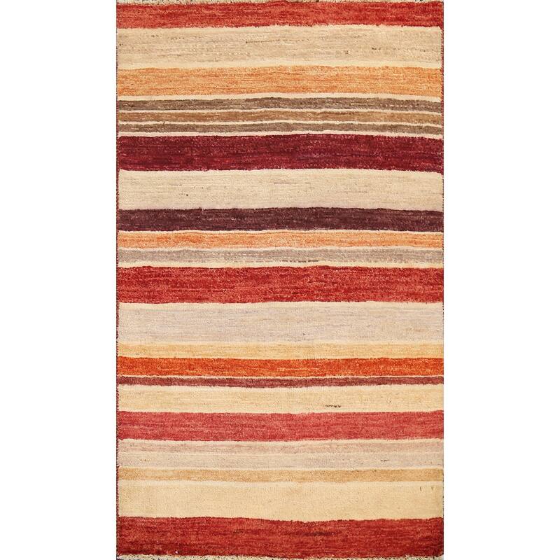 Wool Contemporary Striped Gabbeh Kashkoli Area Rug Hand-knotted Carpet - 2'6" x 4'0"