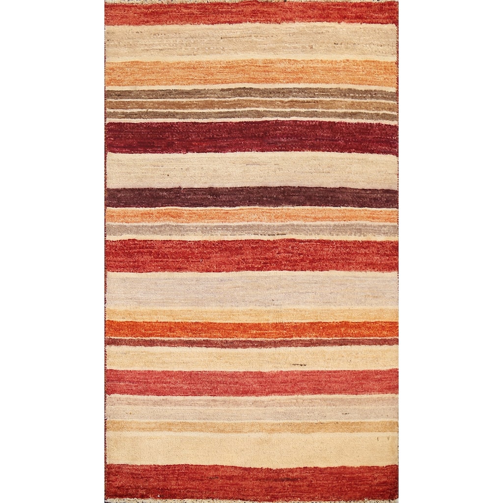 Wool Contemporary Striped Gabbeh Kashkoli Area Rug Hand-knotted Carpet - 2'6" x 4'0"