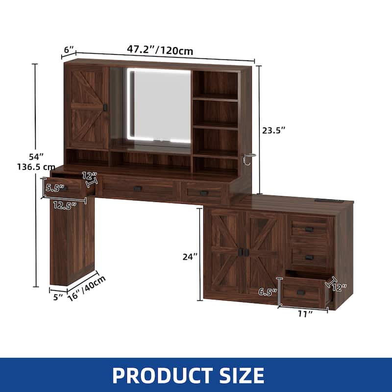 Moasis 47.5"W Farmhouse Makeup Vanity Desk with Mirror and Lights.Dressing Table with 6 Drawers&Power Outlets