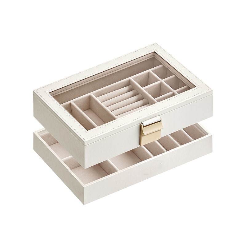 Multi-Layer Jewelry Storage Box with Stackable Trays and Soft Velvet Interior Protection and Glass Lid