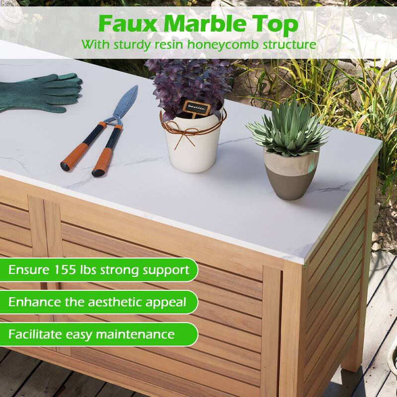 43" Outdoor Wooden Storage Cabinet with Adjustable Shelves and Faux Marble Top Soft-Close Hinges - 43" x 16" x 24"