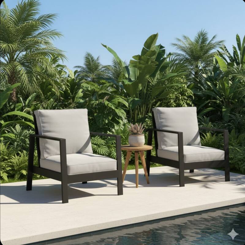 Set of 2 28" Aluminum Patio Armchairs with Thick Light Gray Cushions Black Frame