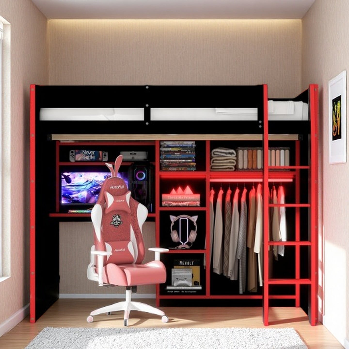Full-Size Gamer Loft Bed with Desk, Open Wardrobe, Storage Compartments, and RGB LED Lights