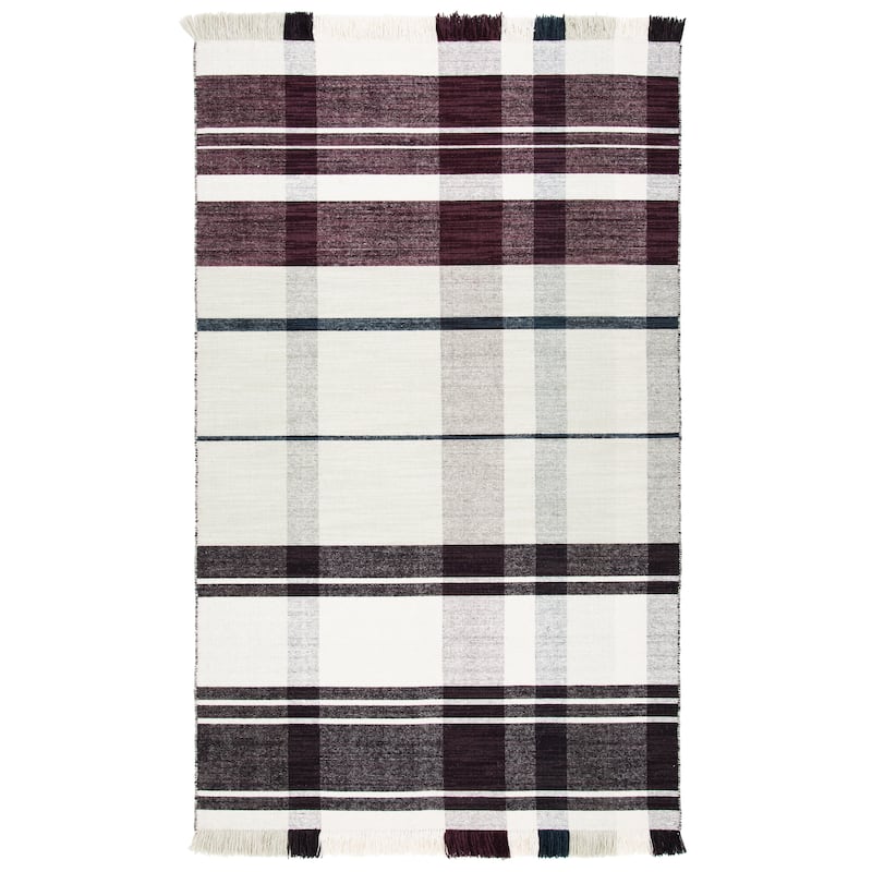 SAFAVIEH Striped Kilim Huldah Wool Fringe Rug - 6' Square - Ivory/Grey