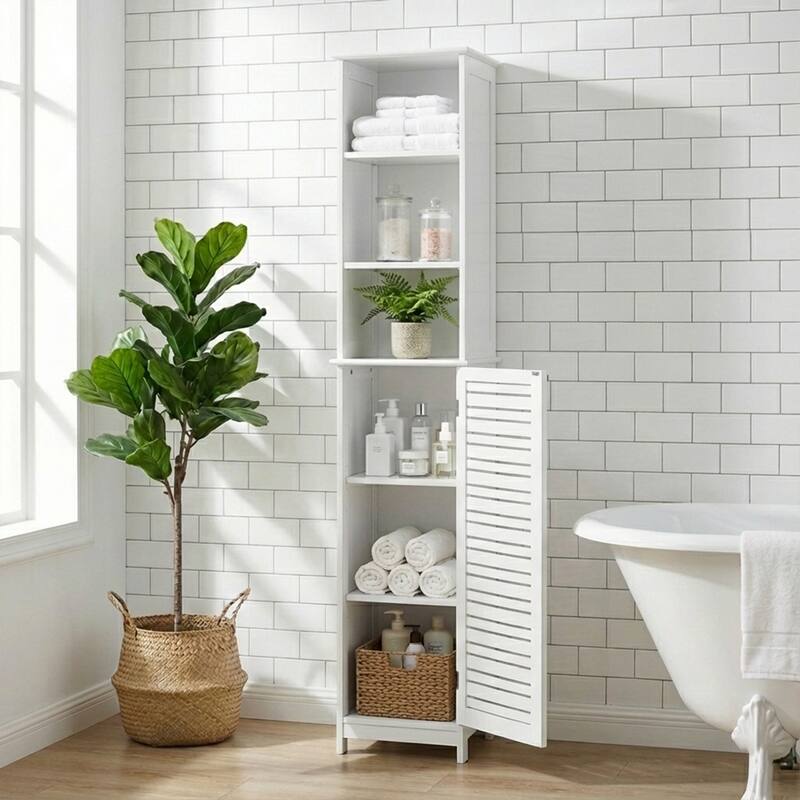 Miami White Tall Bathroom Storage Cabinet Slim Linen Cabinet - 13 7/8"L x 10.4"W x 68"H