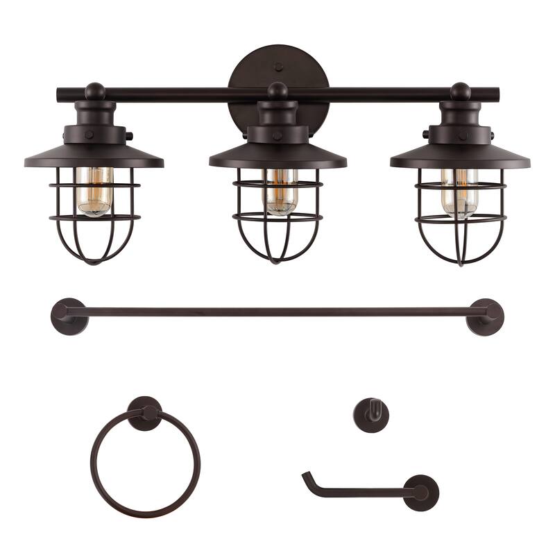 Hollis 24" 3-Light Industrial Farmhouse Vanity Light with Bathroom Hardware Accessory Set, (5-Piece) by JONATHAN Y