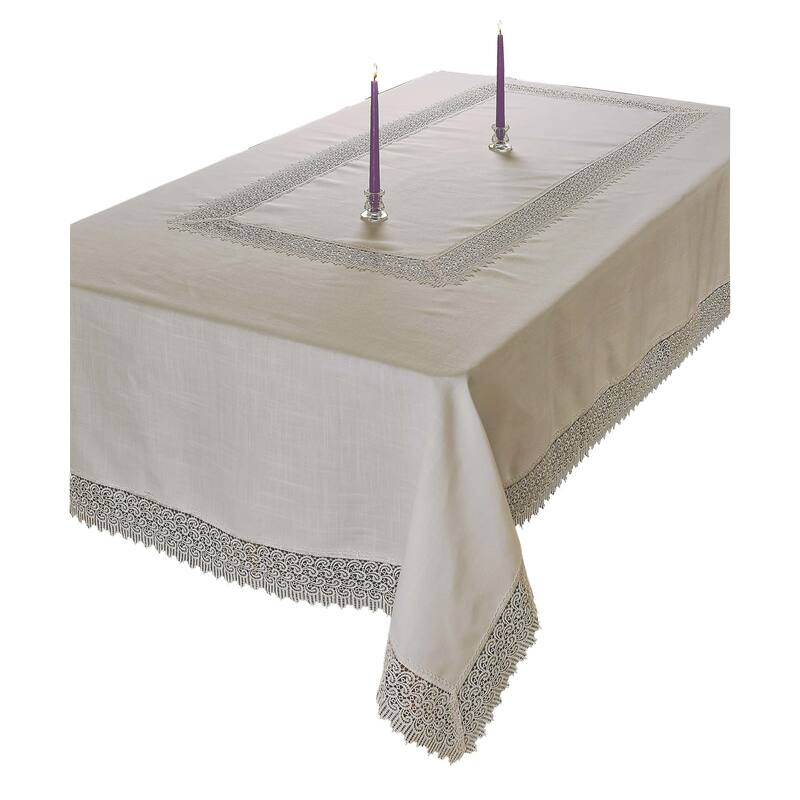 Violet Linen Treasure Macrame Lace - Linen Look - Pattern Tablecloth - 70" X 120" - Cream