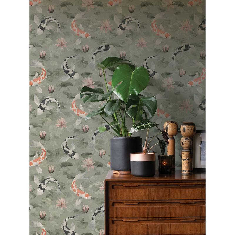 Advantage Nobu Green Koi Fish Wallpaper - 20.9in x 396in x 0.025in - 20.9in x 396in x 0.025in