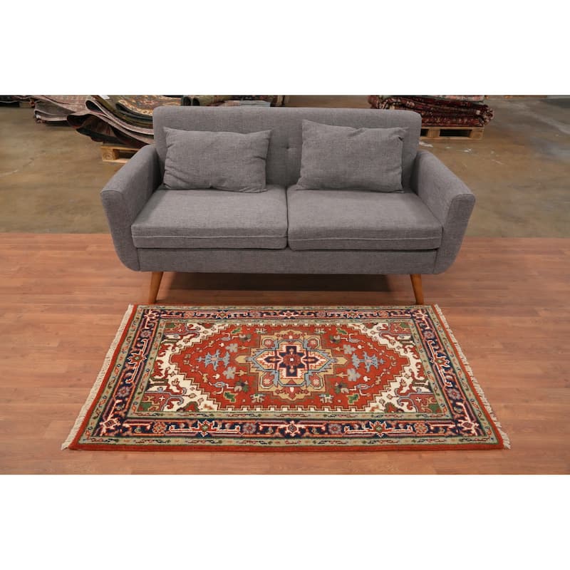 Hand Knotted Oriental 100% Wool Carpet Traditional Medallion Oranges & Rust Heriz (serapi) Area Rug - 4' 11'' X 2' 11''