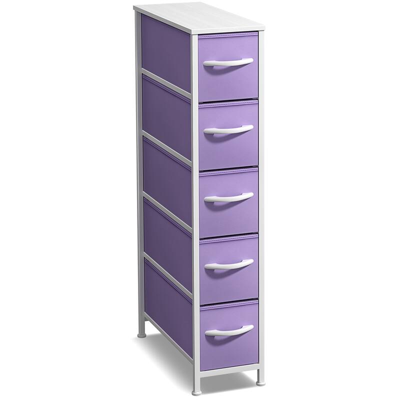 Sorbus Narrow Dresser with 5 Drawers - Vertical Slim Storage Chest of Drawers with Steel Frame, Wood Top & Easy Pull Fabric Bins - Purple