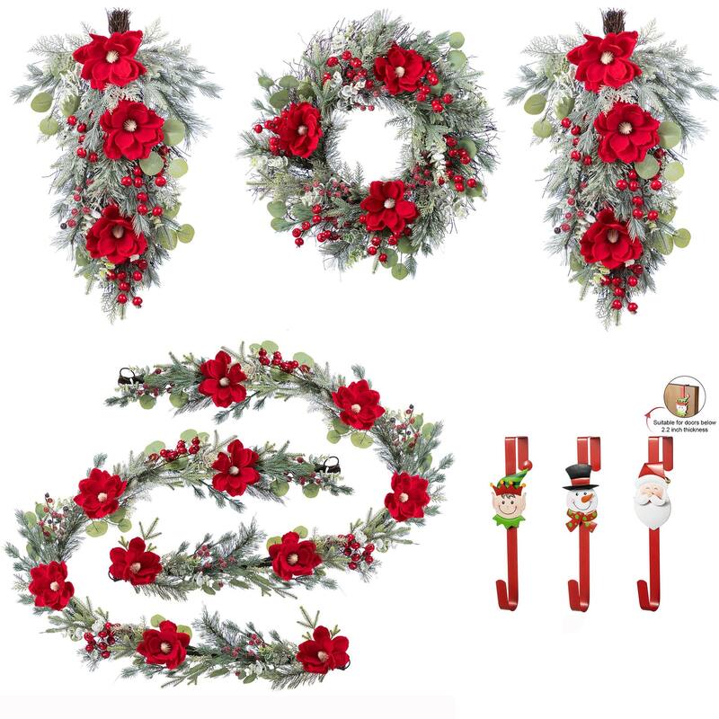 Glitzhome Christmas Red Mangnolia & Berry Wreath Garland Teardrop Hanging Decor - Set of 8-Garlands & Teardrops & Wreath & Hangers