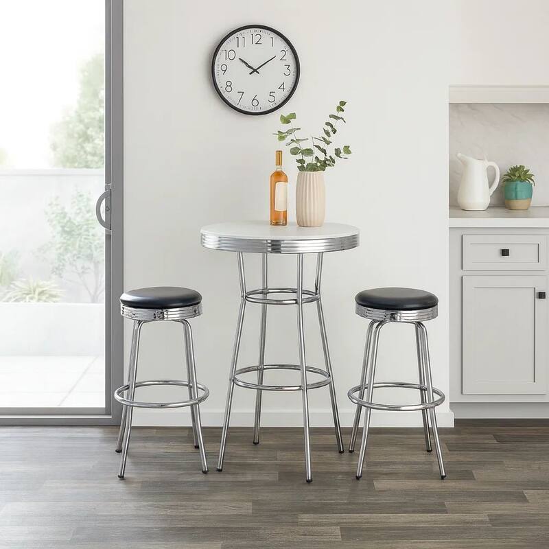 42 Inch Round Bar Table, Ribbed Apron, Glossy White Lacquer, Retro Style