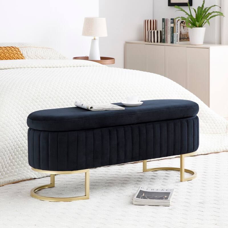 Black Velvet Upholstered Storage Bench with Golden Legs - 50 Inch Modern Ottoman - Black - Large
