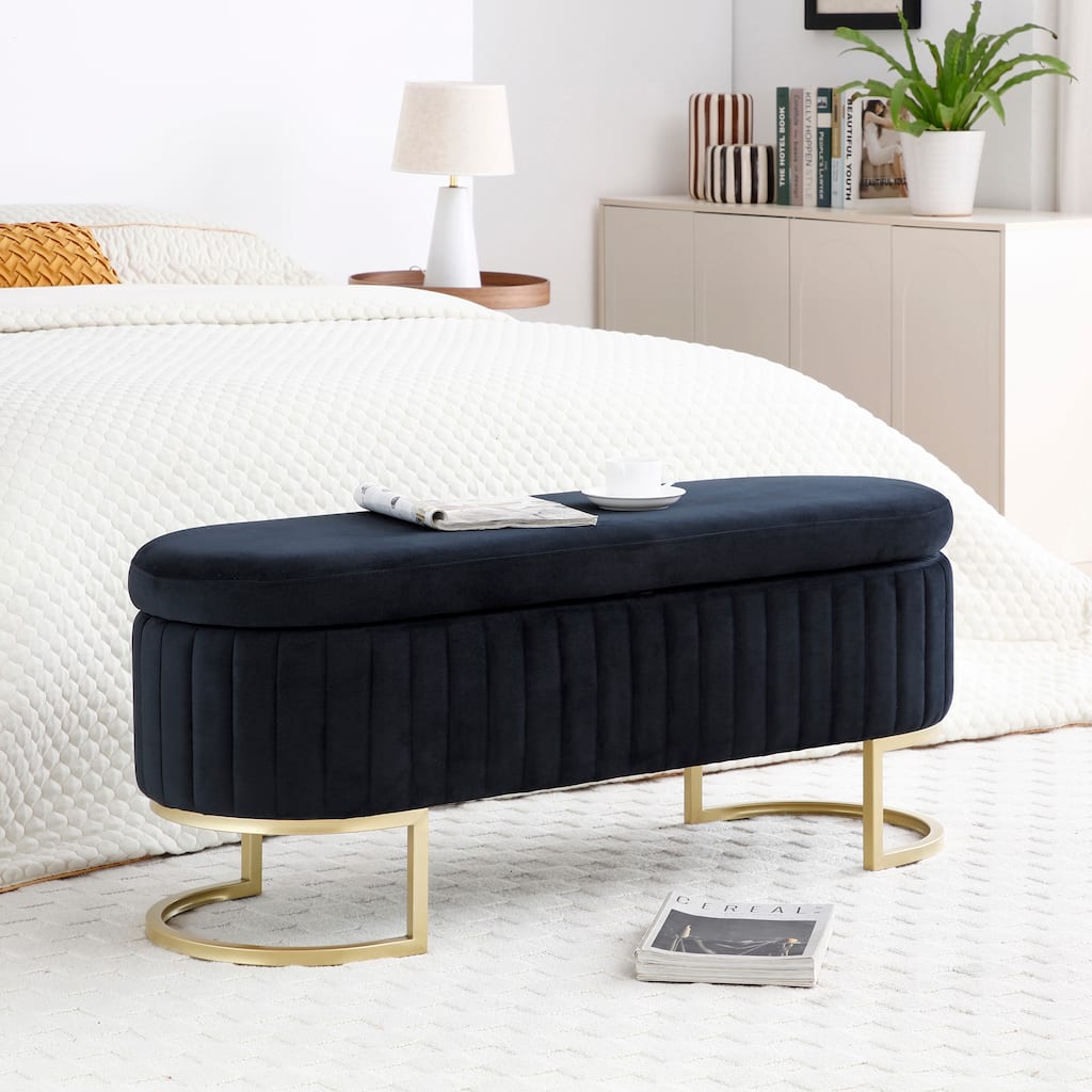 Black Velvet Upholstered Storage Bench with Golden Legs - 50 Inch Modern Ottoman