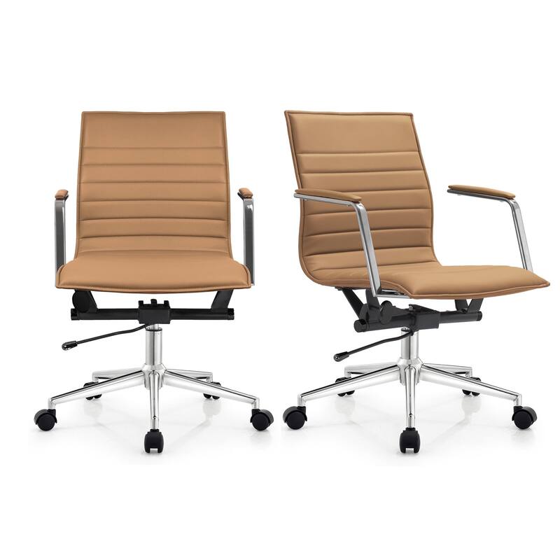 Set of 2 Modern Office Chairs | Upholstered PU Leather Ribbed Mid Back with Metal Frame | Adjustable Height, Tilt Lock - Upholstered PU Leather Ribbed Mid Back with Metal Frame | Adjustable Height, Tilt Lock|Beige