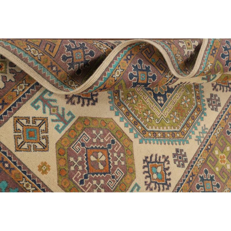 Kazak Foyer Rug Handmade Beige Geometric Wool Carpet - 3'11" x 6'1"