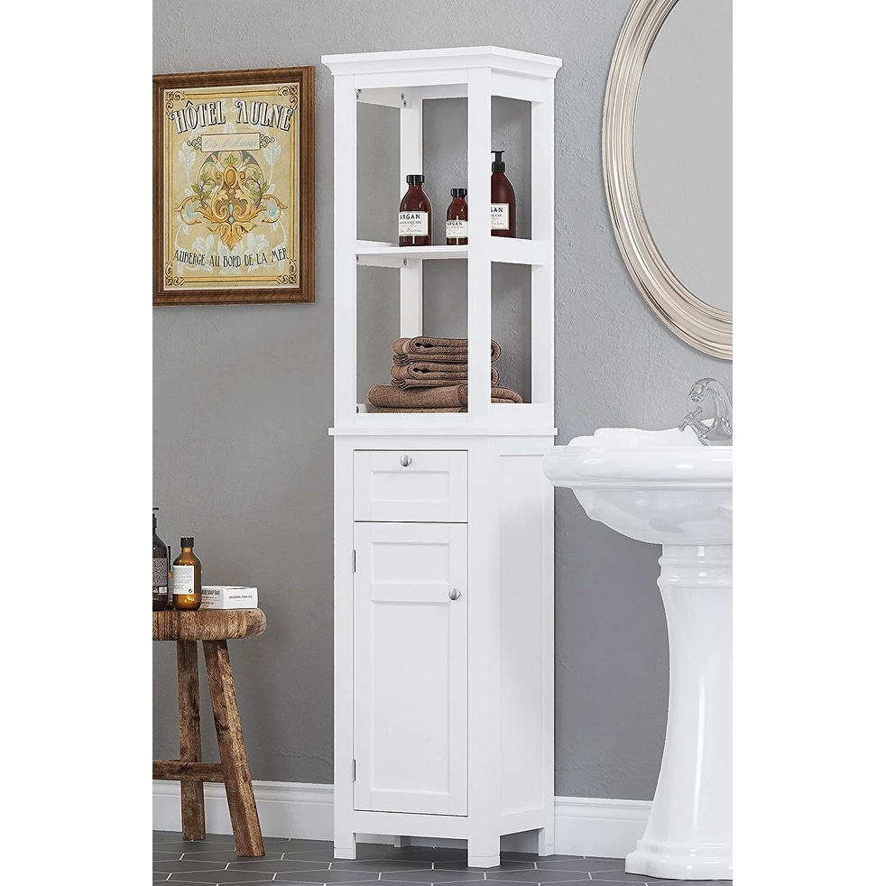 Spirich Home Bathroom Freestanding Storage Cabinet with Two Tier Open Shelves, Tall Slim Tower with Door and Drawer(White)