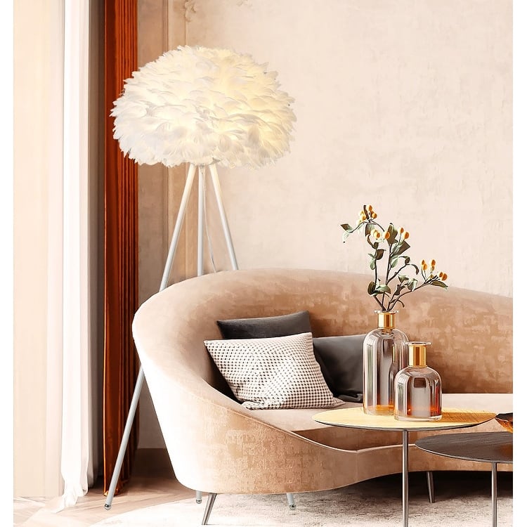 1-Light White Floor Lamp With A White Goose Feather Ball