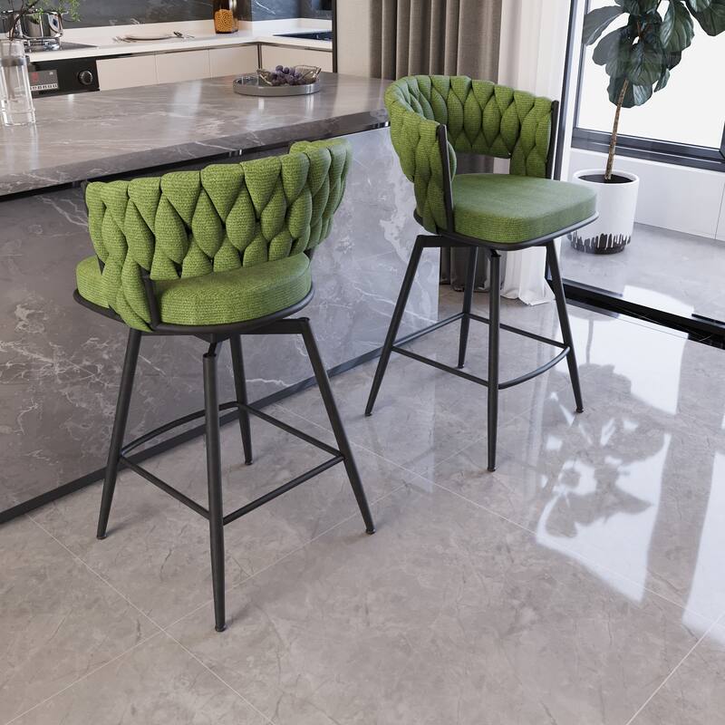 360 Swivel Suede Woven Bar Chair Set of 4, Upholstered Barstools with Metal Base