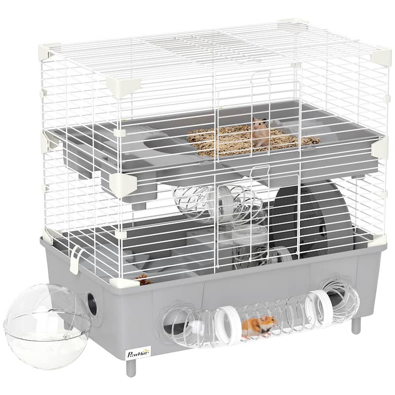 PawHut 2-Tier Hamster Cage, Hamster Habitat with Sand Bathroom, Running Wheel, 17.5" x 11" x 17" - Cat - grey