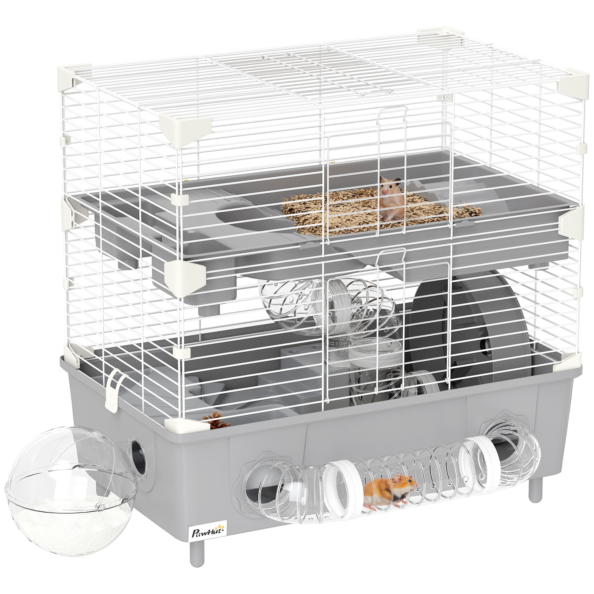 PawHut 2-Tier Hamster Cage, Hamster Habitat with Sand Bathroom, Running Wheel, 17.5" x 11" x 17"