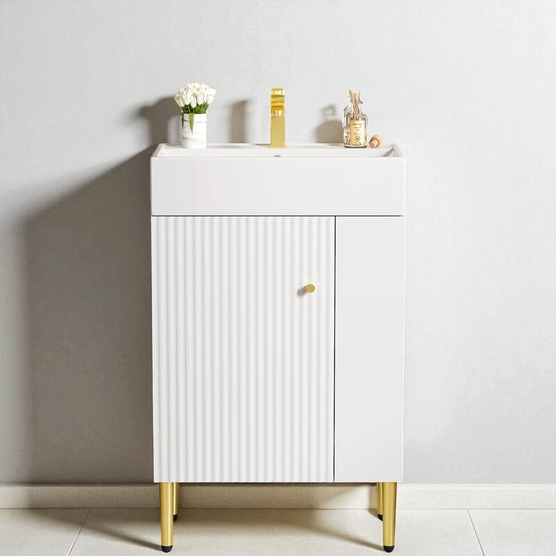 21.6" White Bathroom Vanity with Ceramic Sink Freestanding Cabinet Right Side Storage and Soft Close Door - White