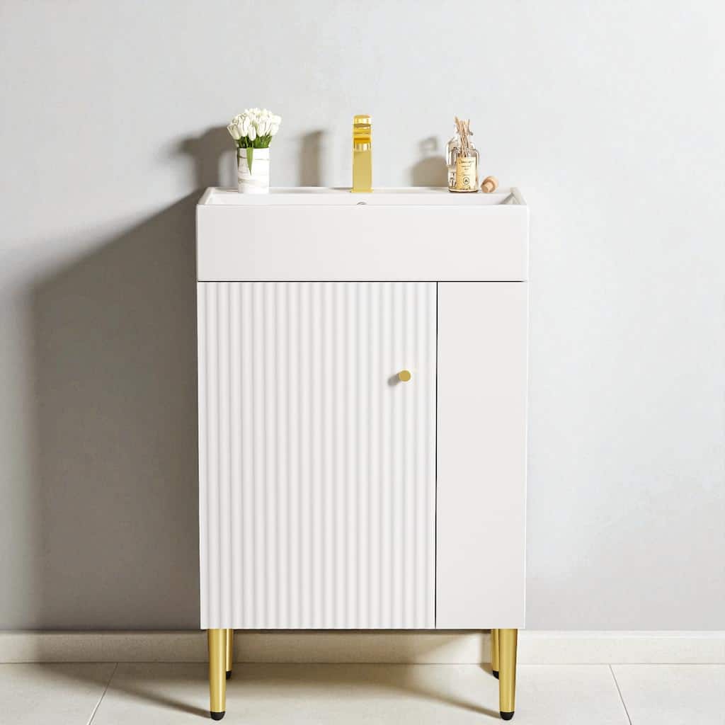 21.6" White Bathroom Vanity with Ceramic Sink Freestanding Cabinet Right Side Storage and Soft Close Door