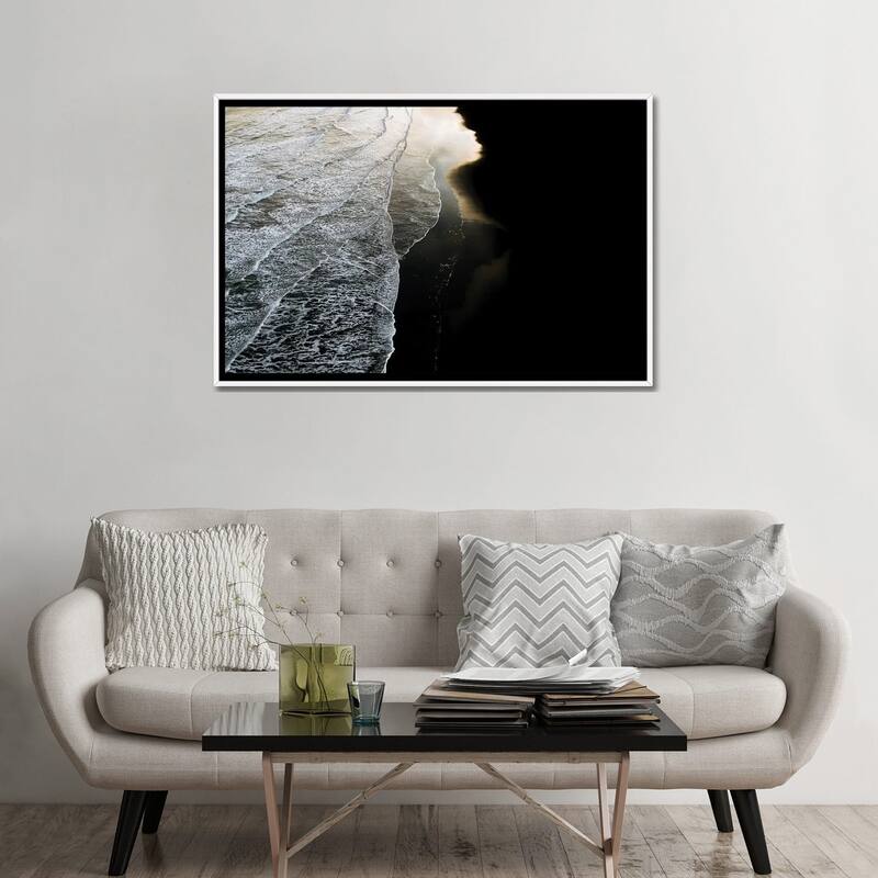 iCanvas "Minimal Waves Crashing On A Black Sand Beach In Iceland During Sunset" by Michael Schauer Framed Canvas Print