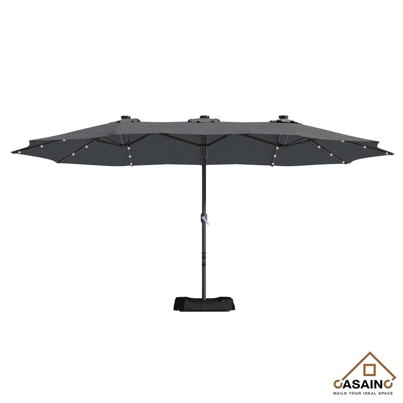 15-ft. Rectangular Crank Double-sided Outdoor Market Umbrella Solar LED Lighted Patio Umbrella with Base Included