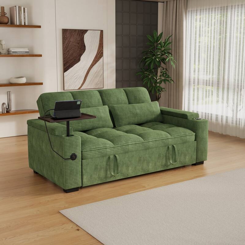 65'' Chenille 3-in-1 Folding Sectional Sofa with 360-Degree Swivel Side Table - Green