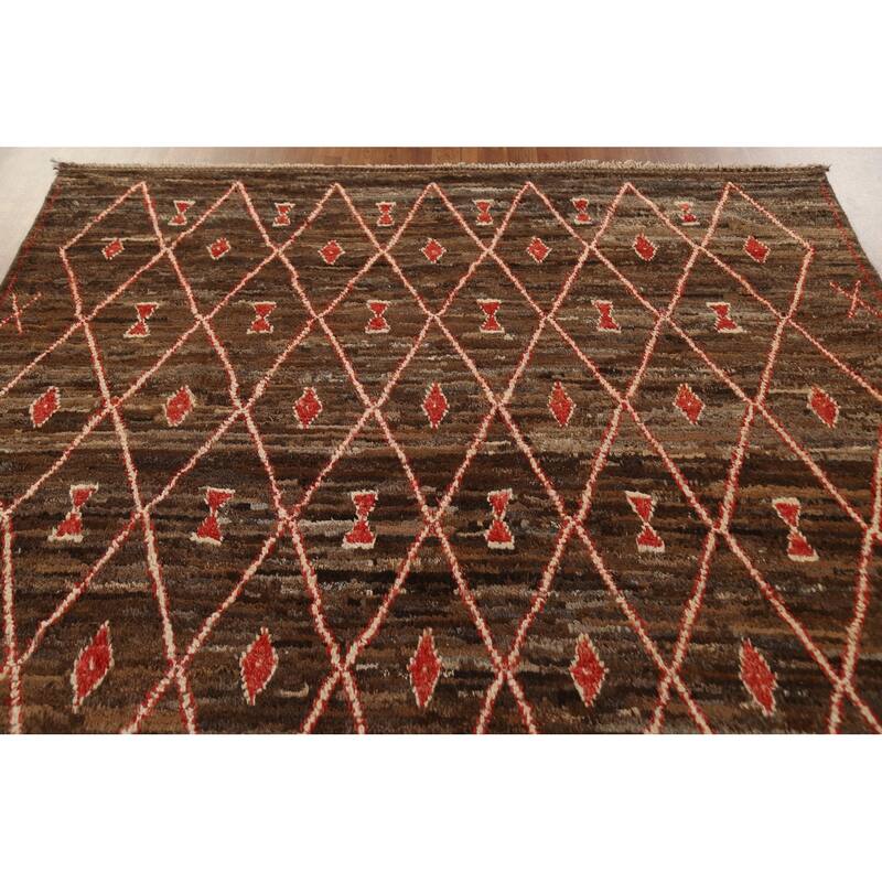 Hand Knotted Oriental 100% Wool Carpet Tribal Trellis Brown Moroccan Area Rug - 9' 11'' X 6' 8''