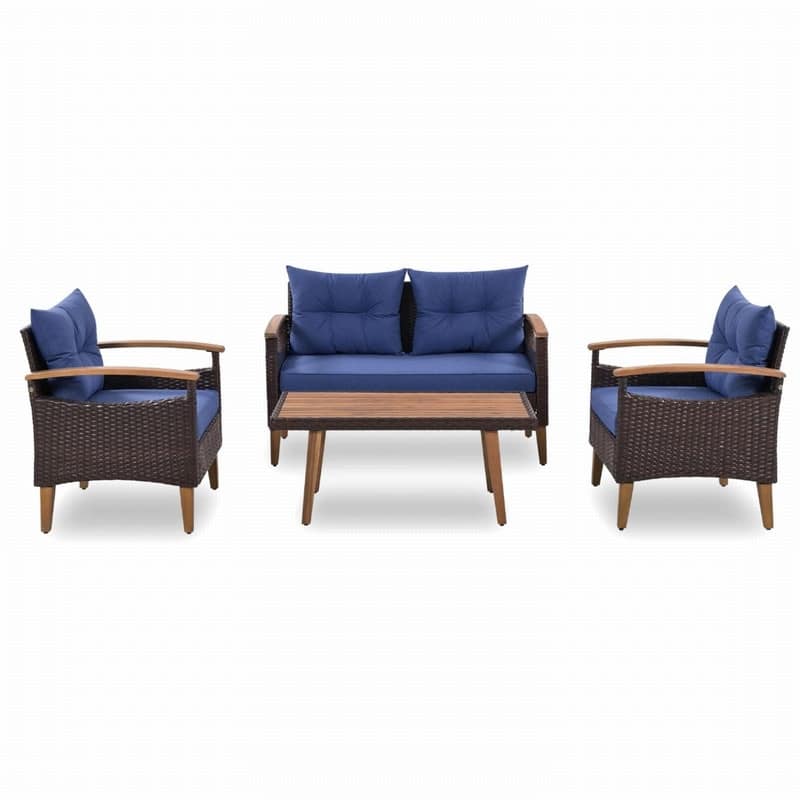 4-Piece Wicker Outdoor Sofa Set, Patio Seating with Wood Table and Cushions for Stylish Outdoor Living