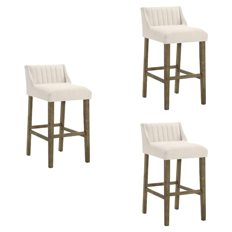 Fauna Low-Back Boucle Bar Stool, Upholstered Counter Height Kitchen Barstool with Wood Legs - Set of 3 - Putty Brown - Bar Height
