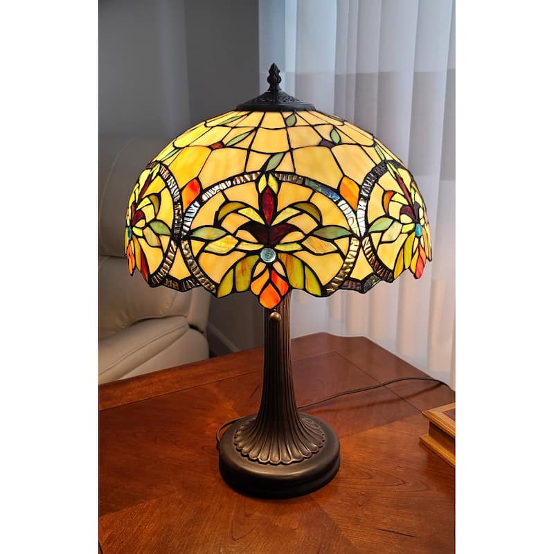 Tiffany Style Table Lamp 23" Tall Stained Glass Tan Orange Floral Flower Decor Bedroom Handmade Gift Amora Lighting