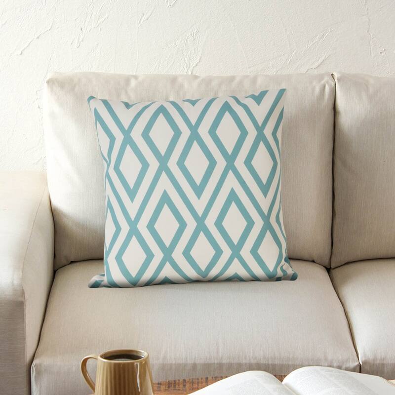 Handwoven Geometric Diamond Outdoor Patio Throw Pillow - 18" - Aqua Blue and Cream