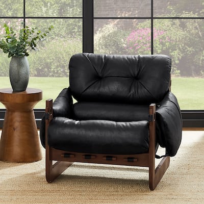Art Leon Genuine Leather Accent Chair with Ash Wood Legs