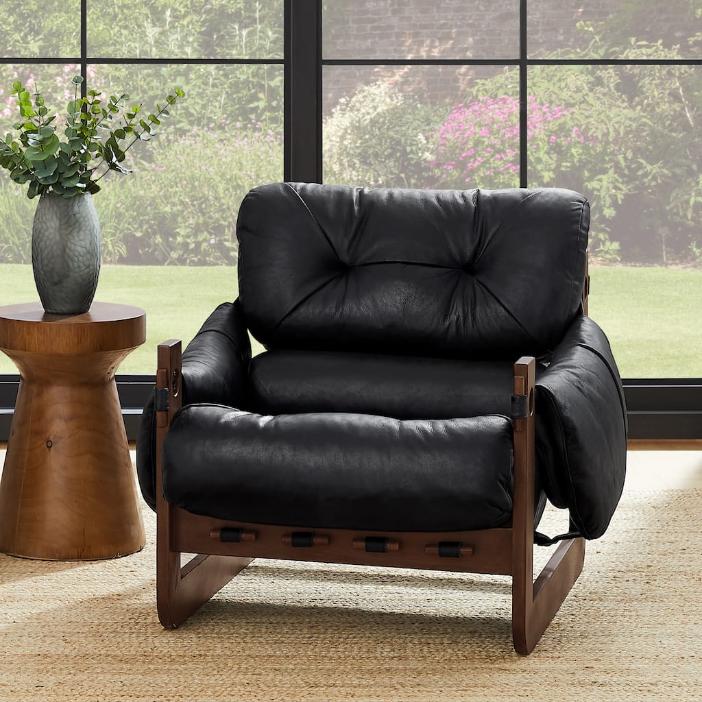Art Leon Genuine Leather Accent Chair with Ash Wood Legs
