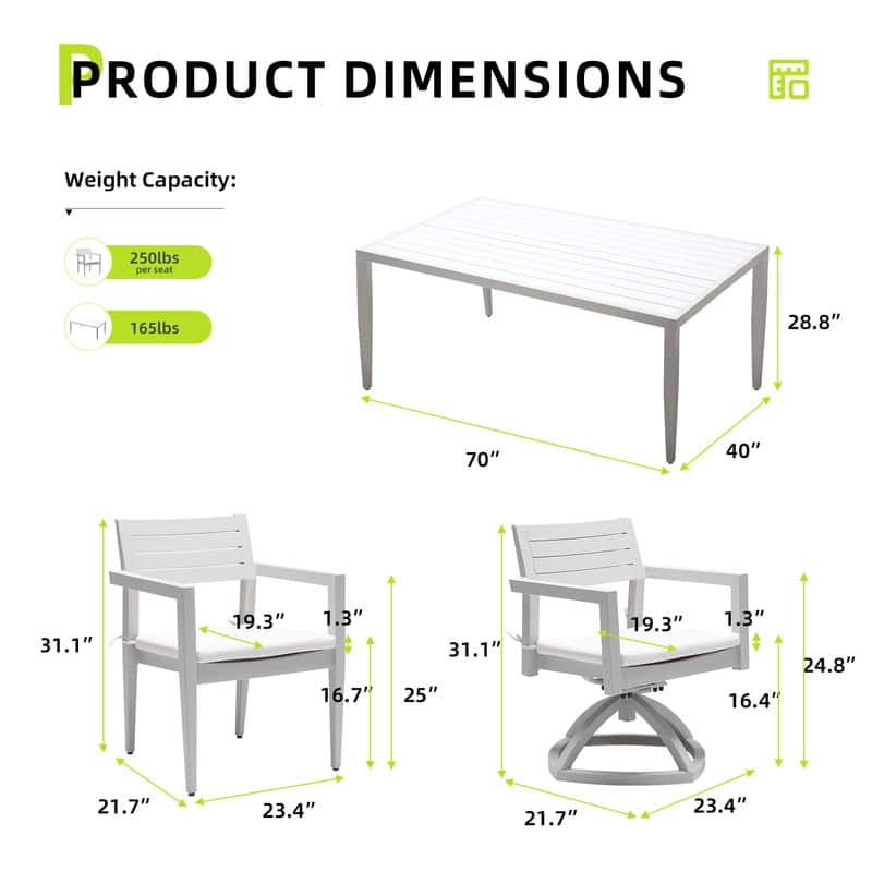 7-Piece Aluminum Patio Set – 4 chairs, 2 swivel rockers (Sunbrella cushions),and a white/gray two-tone table with umbrella hole.